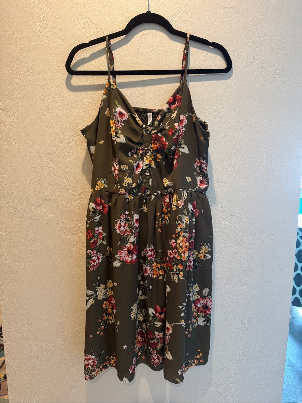 Xhilaration Olive Green Floral Midi Dress with Button Front